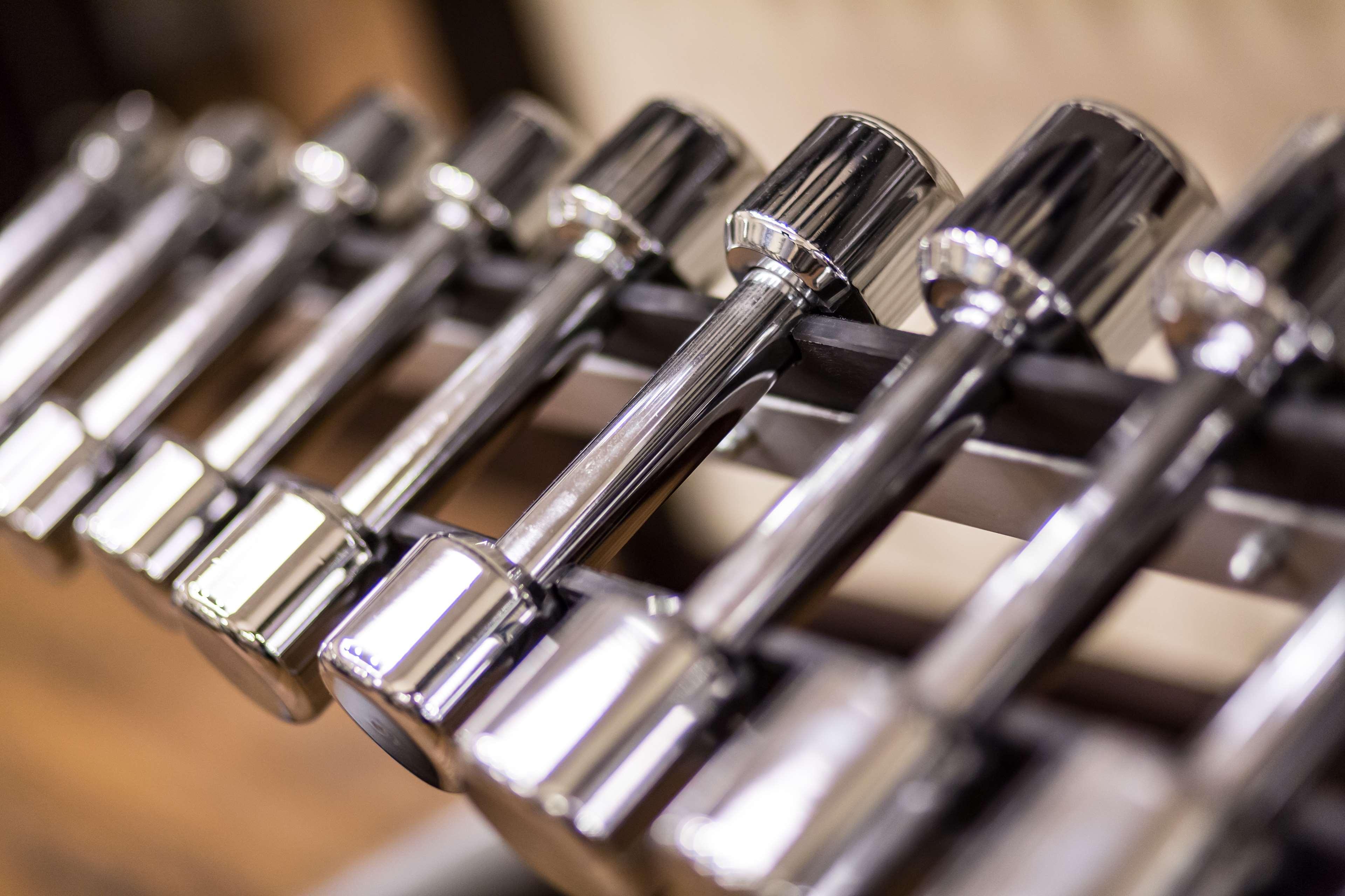 فندق راديسون بلو، غدانسك المظهر الخارجي الصورة The photo shows a close-up view of a row of chrome dumbbells arranged on a rack. The dumbbells have a shiny metallic finish, highlighting their weight and design. They vary in size, indicating different weights, and are typically used for strength tr